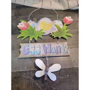 Wooden Easter egg hunt chick flower butterfly sign decor spring